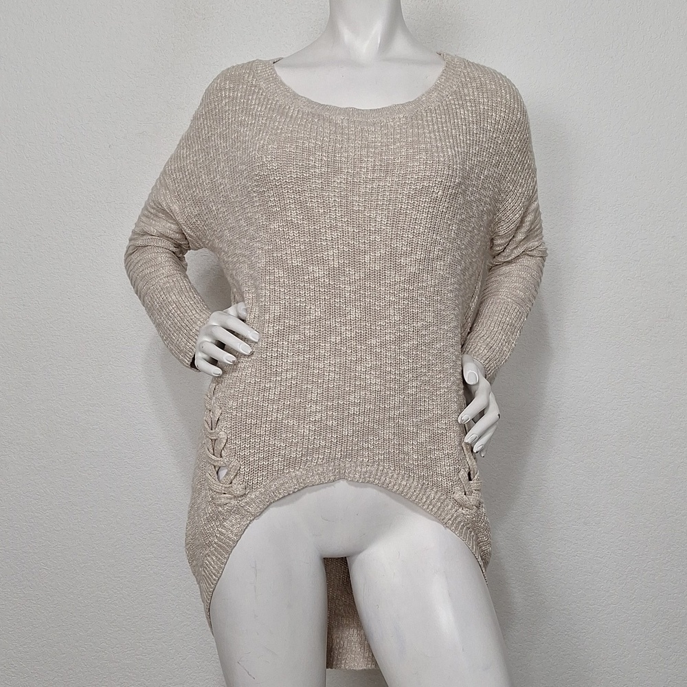 Express "NEW" Tan White Coquette Coastal Marled Lace Up Side Tunic Sweater Sz M